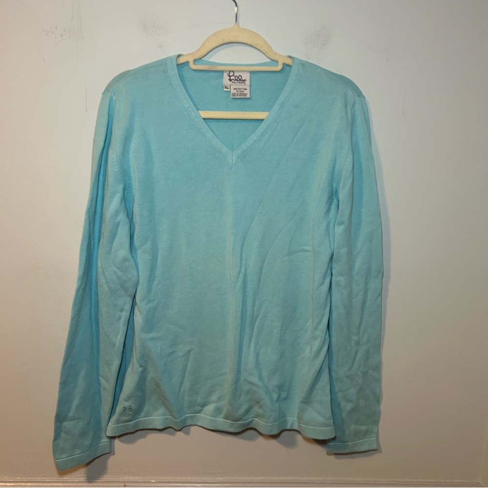Vintage Lilly Pulitzer 100% Cotton Turquoise V-Neck  Sweater Size XL